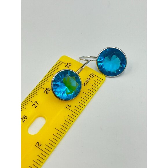Sterling Silver Blue Earrings Crystal Round Drop Dangles Hook Earrings Aqua Blue - Picture 7 of 7